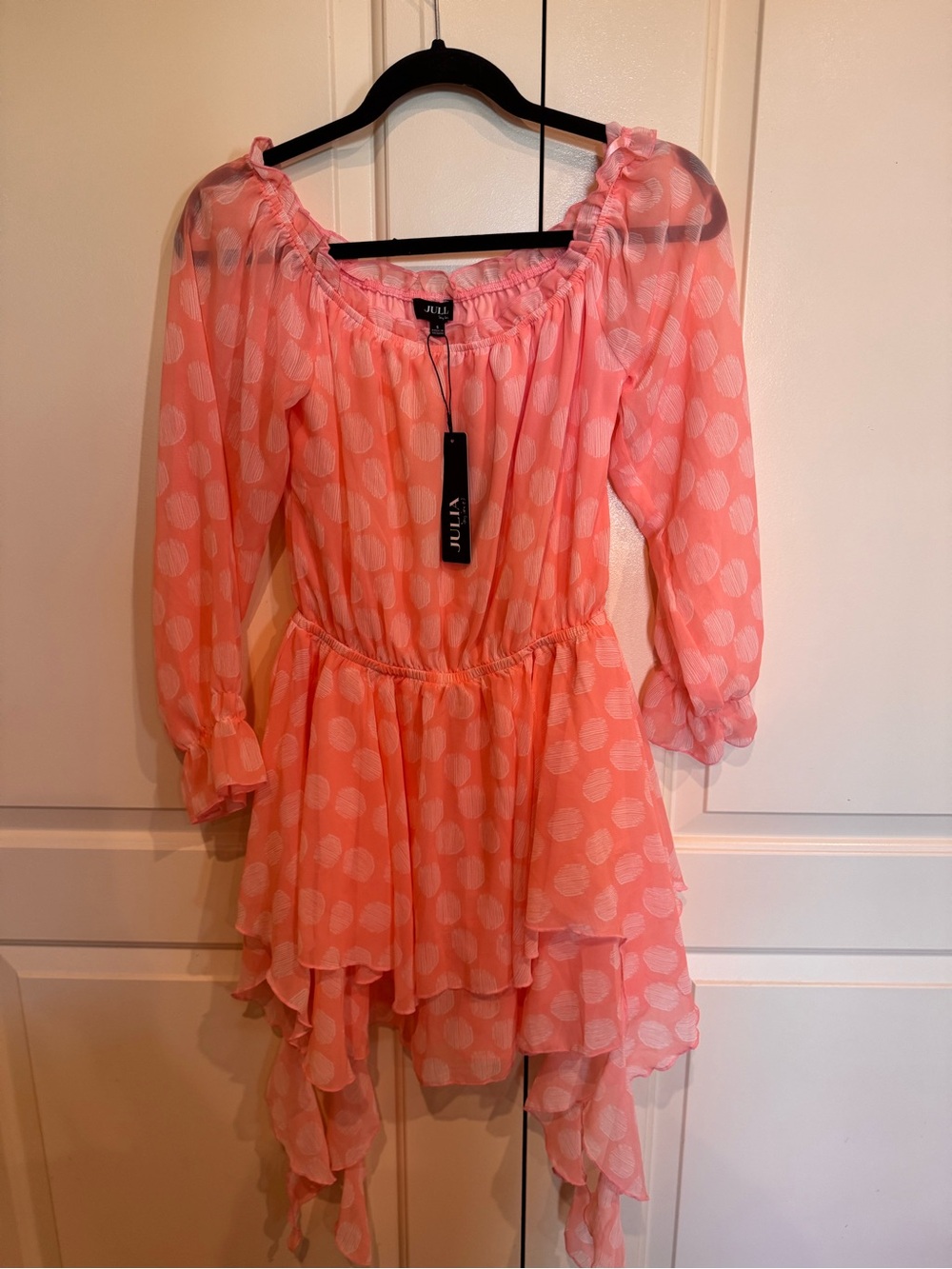 J.U.L.I.E. Pink Polka Dot Maxi Dress with Ruffled High-Low Skirt